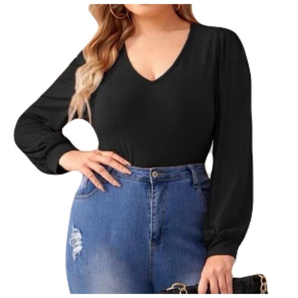 Black V neck Bishop sleeve bodysuit